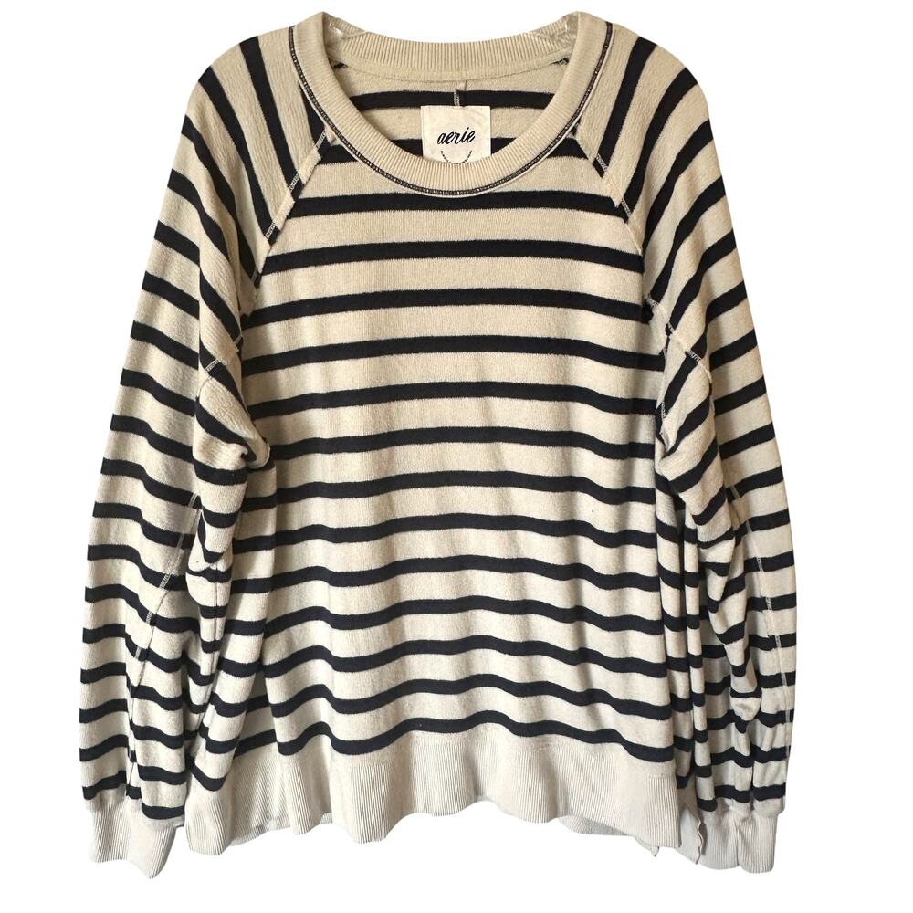 Aerie East West Crew Sweatshirt Womens Large Ivory Navy Striped Oversized Beachy - Picture 2 of 10